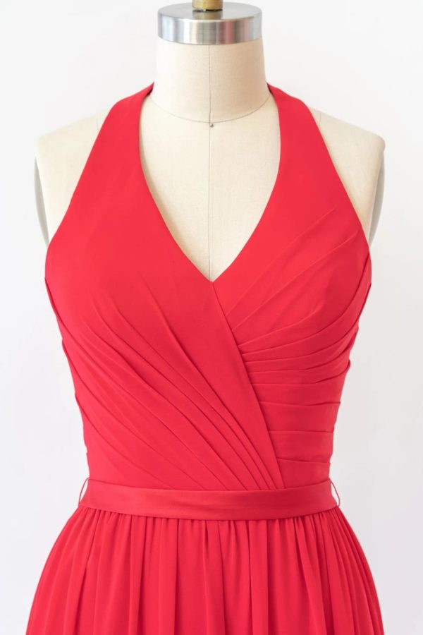 V Neck Halter Sleeveless Backless Red Chiffon Bridesmaid Dress, Belt - Image 4