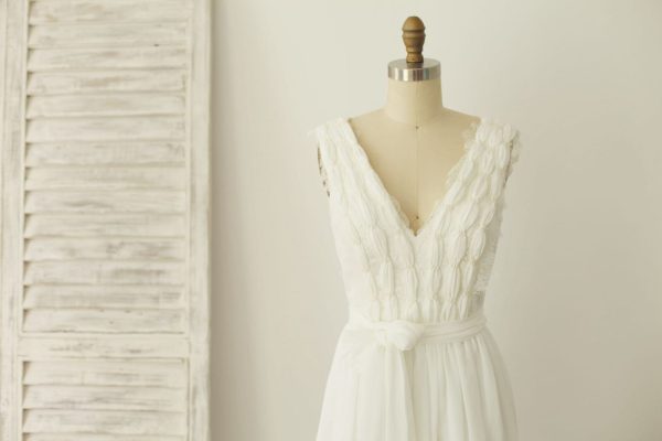 V Neck Ivory Lace Chiffon Wedding Dress Bridal Gown Wedding Dress, Pearls - Image 3