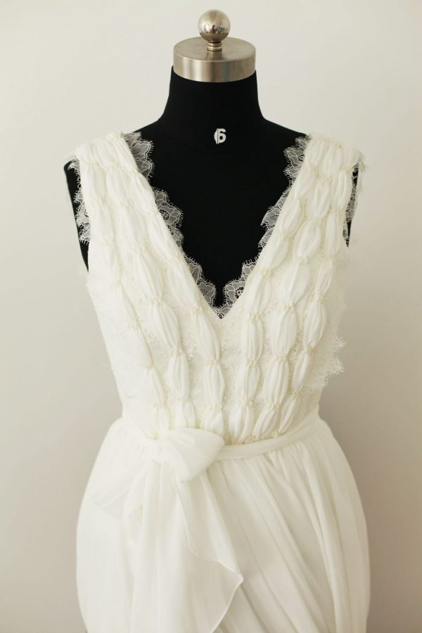 V Neck Ivory Lace Chiffon Wedding Dress Bridal Gown Wedding Dress, Pearls - Image 5
