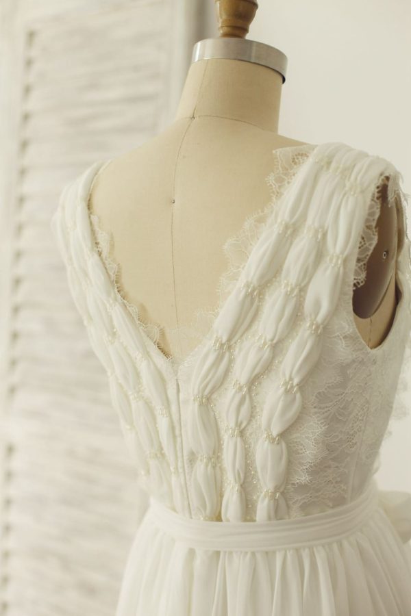 V Neck Ivory Lace Chiffon Wedding Dress Bridal Gown Wedding Dress, Pearls - Image 4