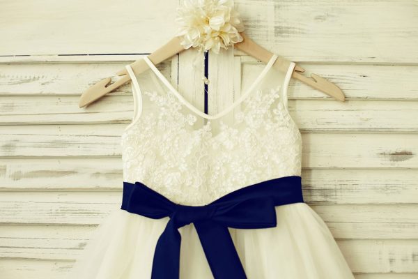 V Neck Ivory Lace Tulle Flower Girl Dress, Navy Blue Sash - Image 3