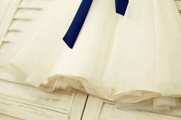V Neck Ivory Lace Tulle Flower Girl Dress, Navy Blue Sash - Image 5