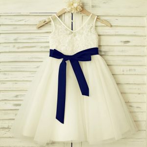 V Neck Ivory Lace Tulle Flower Girl Dress, Navy Blue Sash