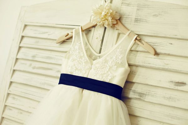 V Neck Ivory Lace Tulle Flower Girl Dress, Navy Blue Sash - Image 4