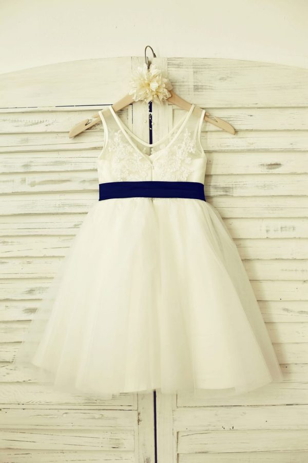 V Neck Ivory Lace Tulle Flower Girl Dress, Navy Blue Sash - Image 2