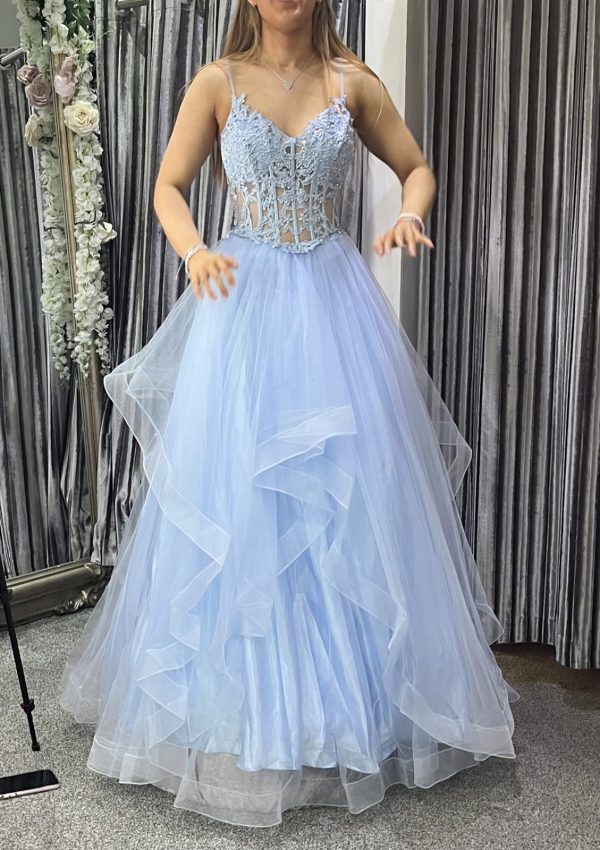 V Neck Lace Corset Horsehair Sky Blue Tulle Prom Dress Evening Gown - Image 3