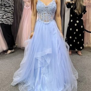 V Neck Lace Corset Horsehair Sky Blue Tulle Prom Dress Evening Gown