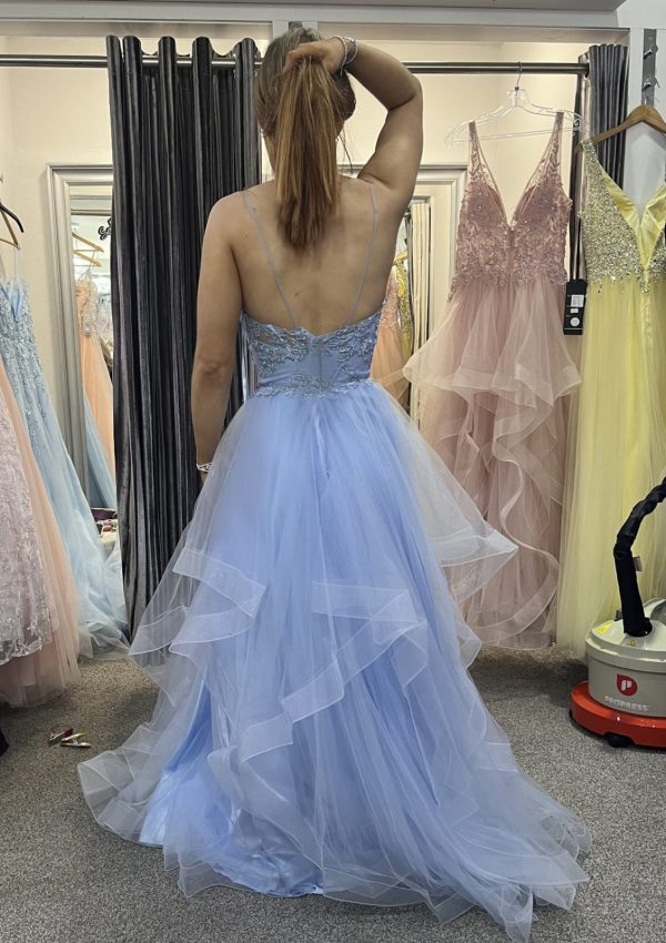 V Neck Lace Corset Horsehair Sky Blue Tulle Prom Dress Evening Gown - Image 2