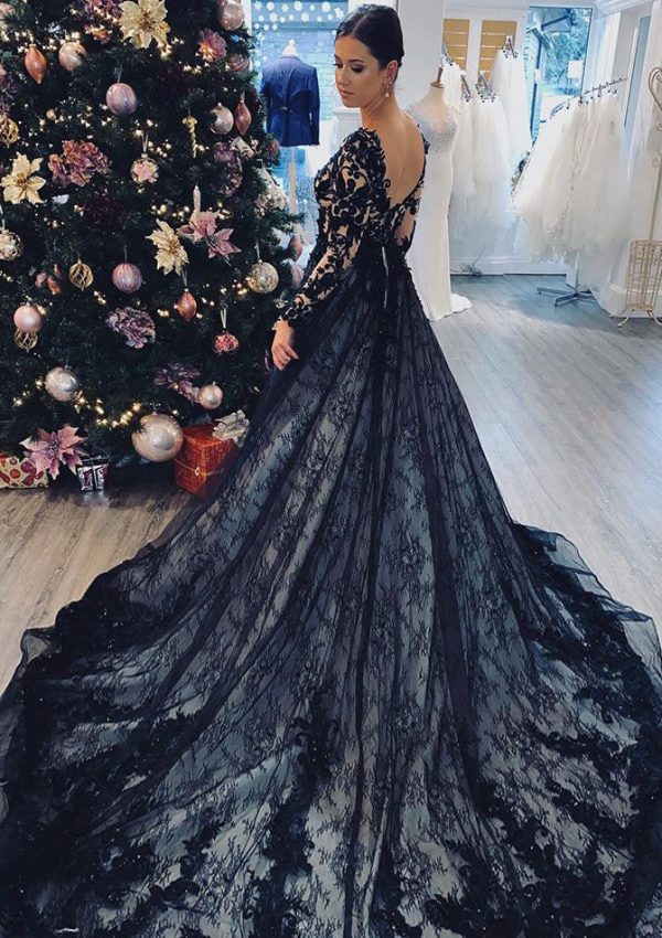 V Neck Long Sleeve Chapel Train Black Lace Wedding Dress - Image 3