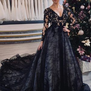 V Neck Long Sleeve Chapel Train Black Lace Wedding Dress