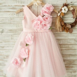 V Neck Pink Satin Tulle Wedding Party Flower Girl Dress