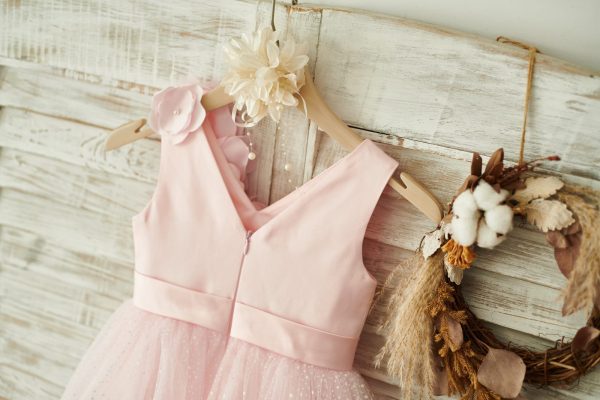 V Neck Pink Satin Tulle Wedding Party Flower Girl Dress - Image 4