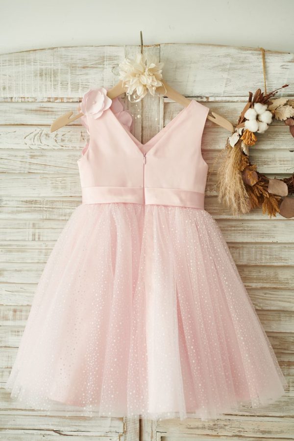 V Neck Pink Satin Tulle Wedding Party Flower Girl Dress - Image 2