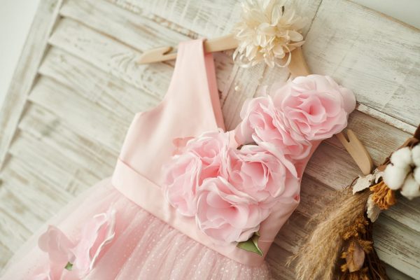 V Neck Pink Satin Tulle Wedding Party Flower Girl Dress - Image 3