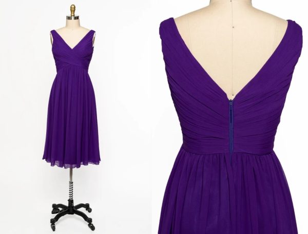 V Neck Sleeveless Crisscross Short Purple Chiffon Bridesmaid Dress - Image 7