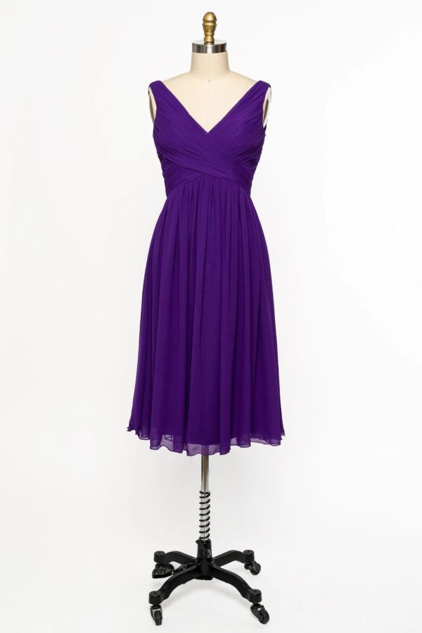V Neck Sleeveless Crisscross Short Purple Chiffon Bridesmaid Dress