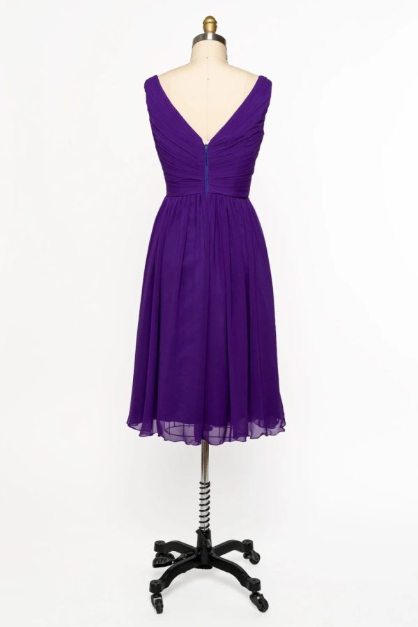 V Neck Sleeveless Crisscross Short Purple Chiffon Bridesmaid Dress - Image 2