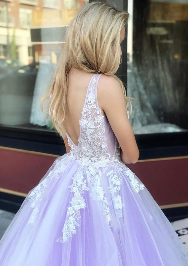 V-neck Sleeveless Lavender Lace Tulle Ball Gown Prom Party Dress - Image 2