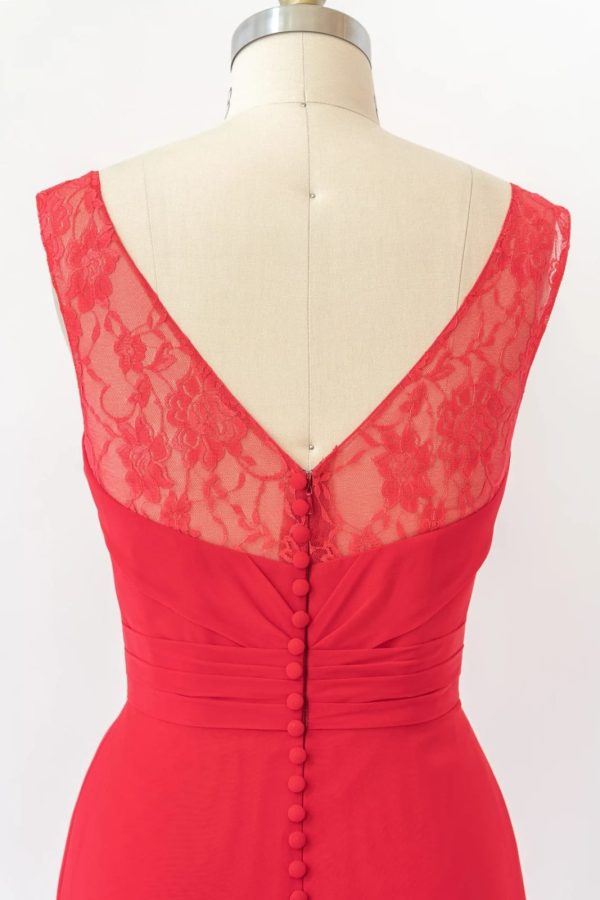 V Neck Sleeveless Long Lace Chiffon Red Bridesmaid Dress, Buttons - Image 5