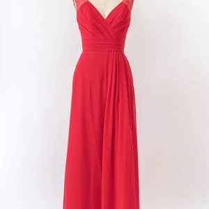 V Neck Sleeveless Long Lace Chiffon Red Bridesmaid Dress, Buttons