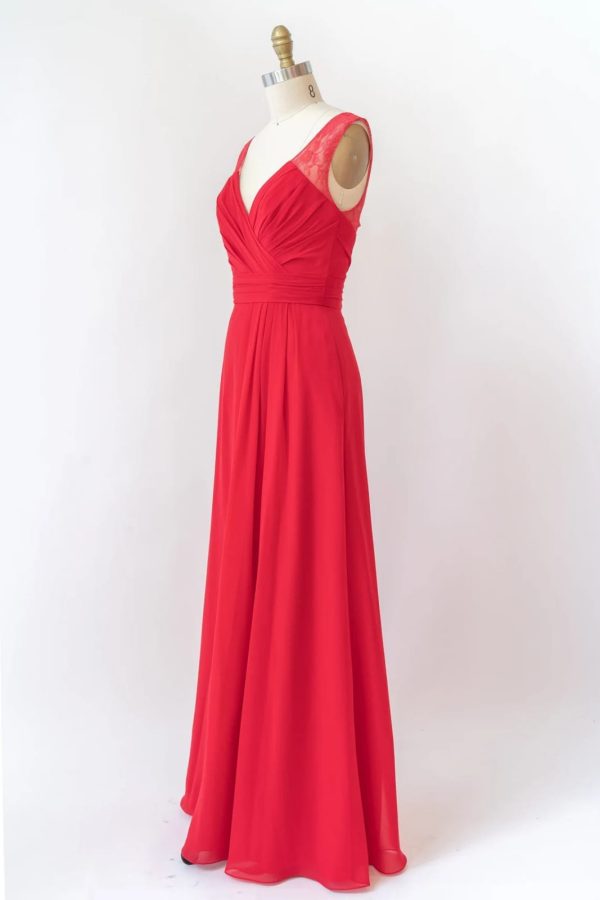 V Neck Sleeveless Long Lace Chiffon Red Bridesmaid Dress, Buttons - Image 6