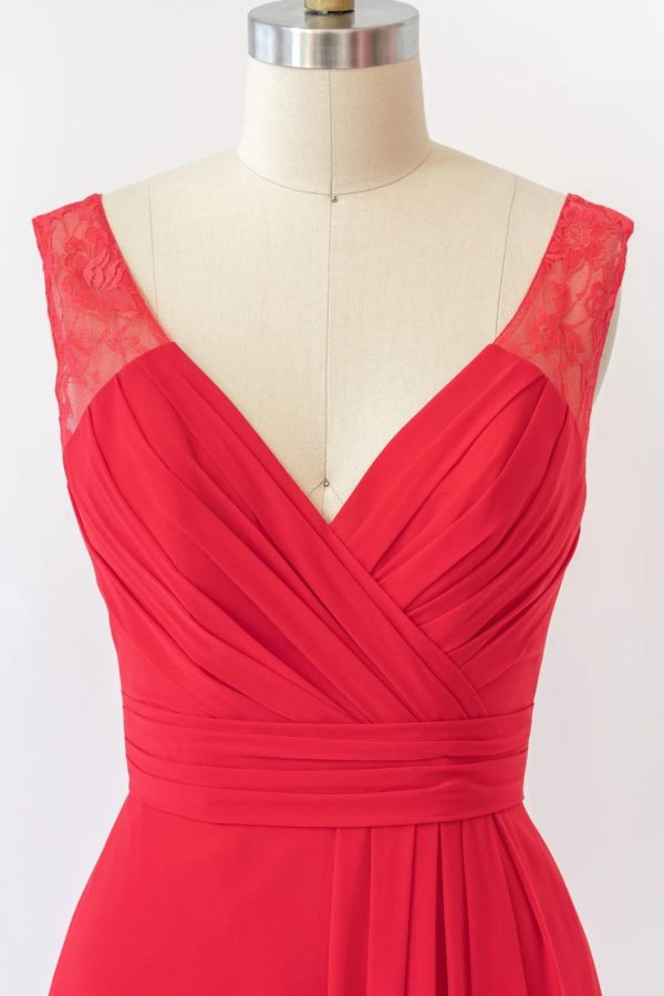 V Neck Sleeveless Long Lace Chiffon Red Bridesmaid Dress, Buttons - Image 4
