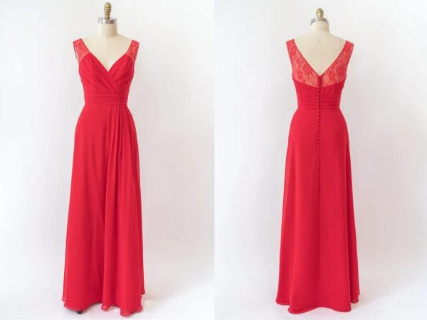 V Neck Sleeveless Long Lace Chiffon Red Bridesmaid Dress, Buttons - Image 3