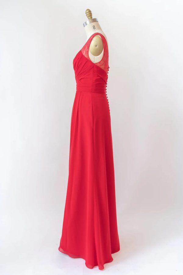 V Neck Sleeveless Long Lace Chiffon Red Bridesmaid Dress, Buttons - Image 7