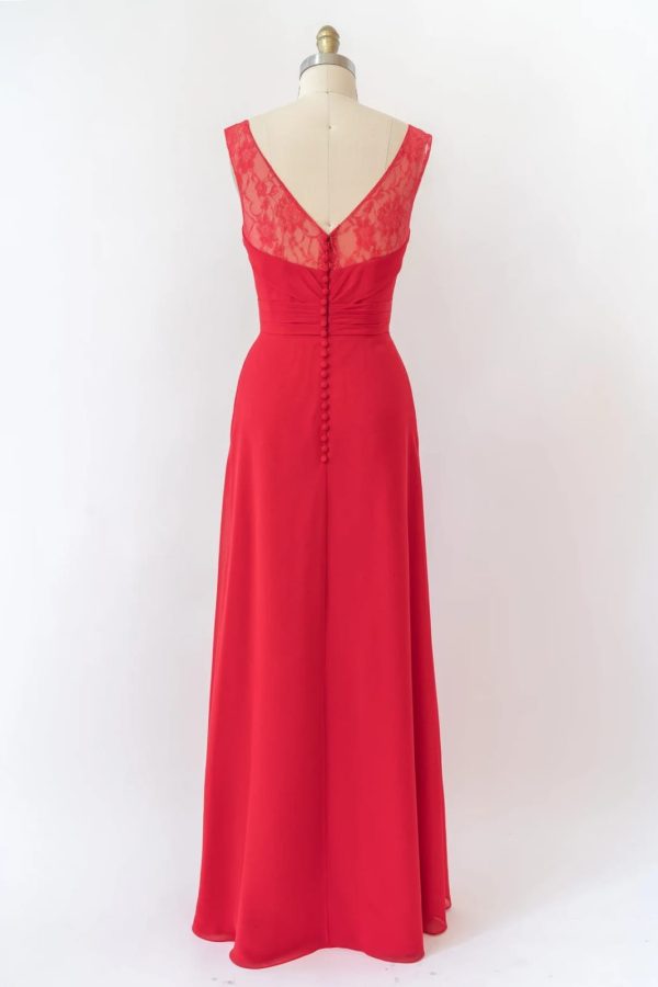 V Neck Sleeveless Long Lace Chiffon Red Bridesmaid Dress, Buttons - Image 2