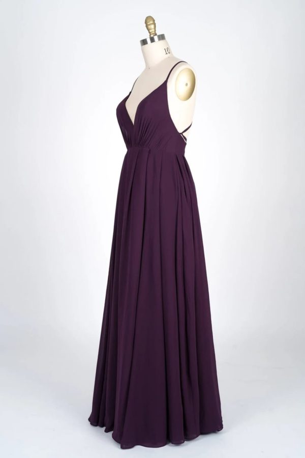 V-Neck Spaghetti Strap Criss-Cross Strappy Plum Chiffon Bridesmaid Dress - Image 4