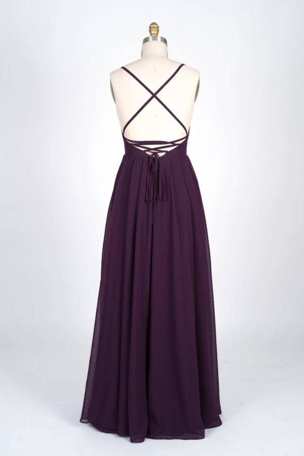 V-Neck Spaghetti Strap Criss-Cross Strappy Plum Chiffon Bridesmaid Dress - Image 2