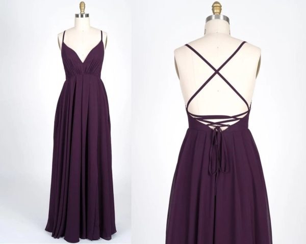 V-Neck Spaghetti Strap Criss-Cross Strappy Plum Chiffon Bridesmaid Dress - Image 3