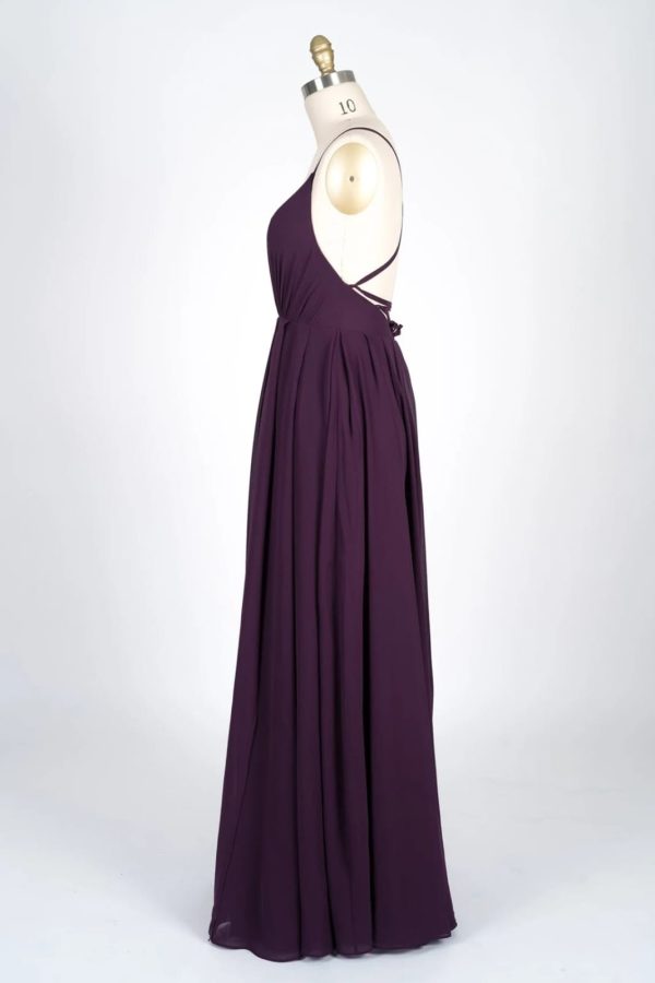 V-Neck Spaghetti Strap Criss-Cross Strappy Plum Chiffon Bridesmaid Dress - Image 5