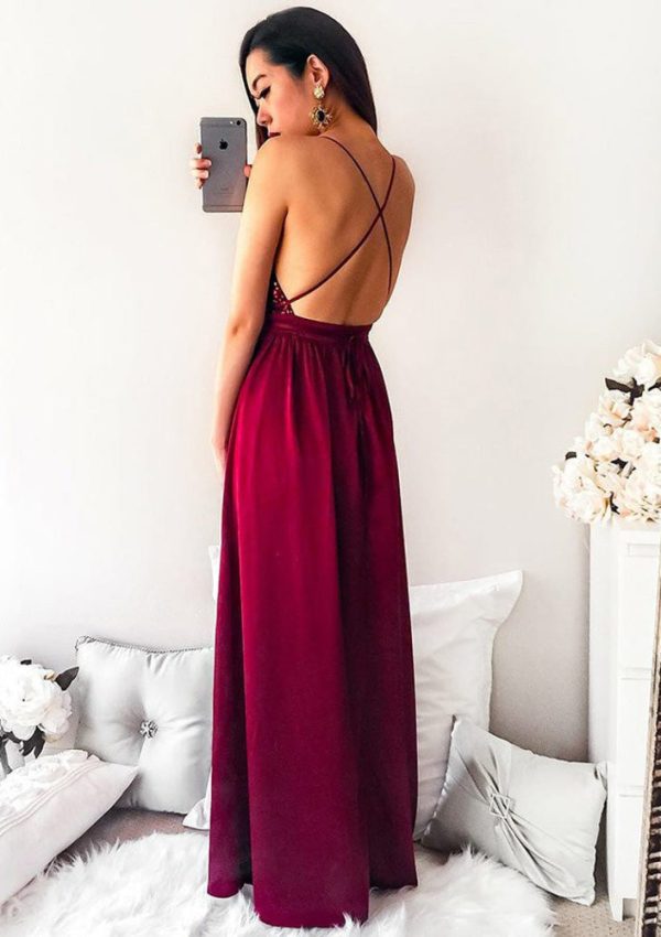 V Neck Spaghetti Strap Cross Open Back Long Chiffon Split Prom Formal Dress, Sequins - Image 2