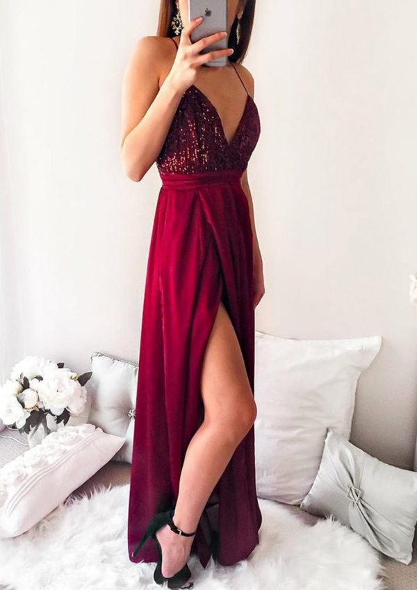 V Neck Spaghetti Strap Cross Open Back Long Chiffon Split Prom Formal Dress, Sequins - Image 3