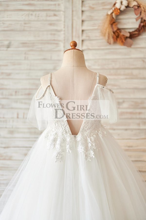 Off Shoulder Ivory Lace Tulle Ball Gown Wedding Flower Girl Dress - Image 4