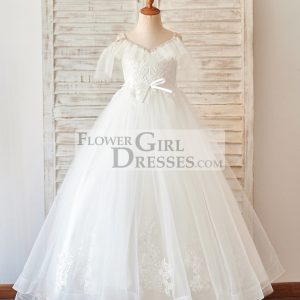 Off Shoulder Ivory Lace Tulle Ball Gown Wedding Flower Girl Dress