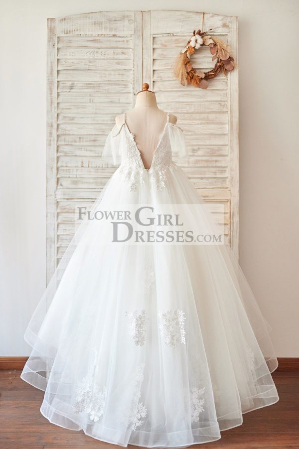 Off Shoulder Ivory Lace Tulle Ball Gown Wedding Flower Girl Dress - Image 2