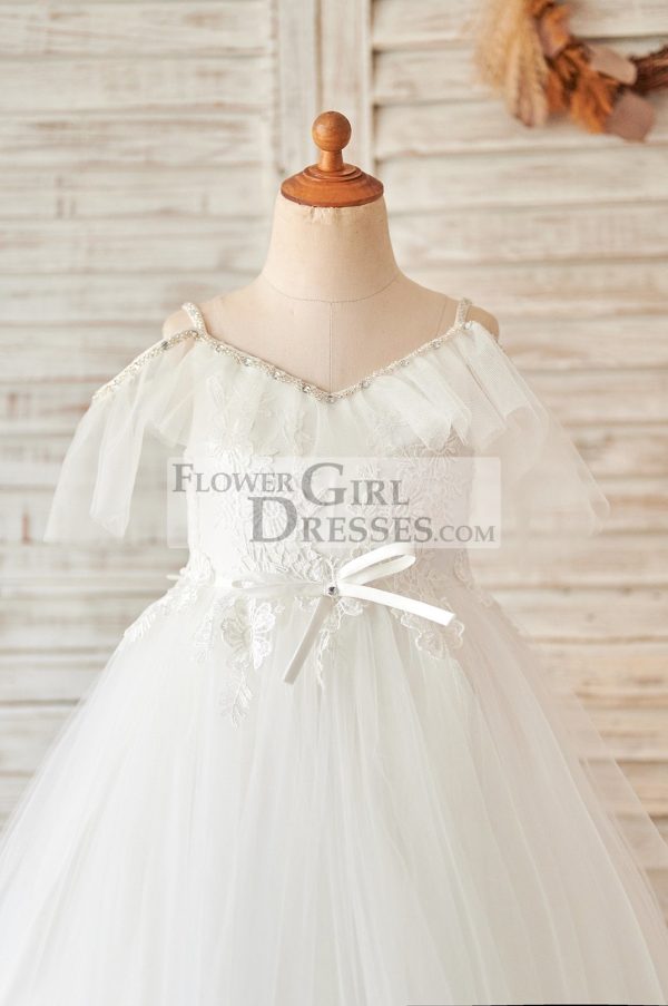 Off Shoulder Ivory Lace Tulle Ball Gown Wedding Flower Girl Dress - Image 3