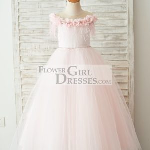 Off Shoulder Pink Tulle Feathers V Back Wedding Party Flower Girl Dress