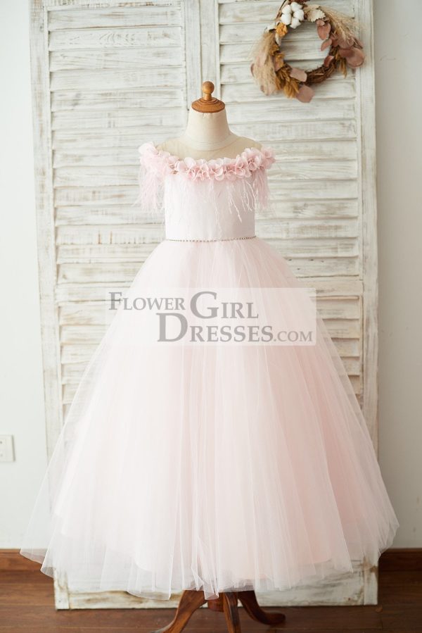 Off Shoulder Pink Tulle Feathers V Back Wedding Party Flower Girl Dress