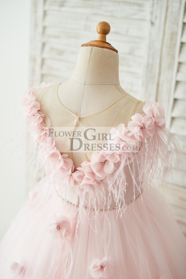 Off Shoulder Pink Tulle Feathers V Back Wedding Party Flower Girl Dress - Image 4
