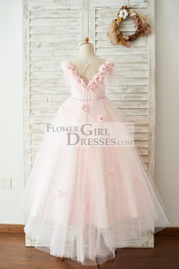 Off Shoulder Pink Tulle Feathers V Back Wedding Party Flower Girl Dress - Image 2