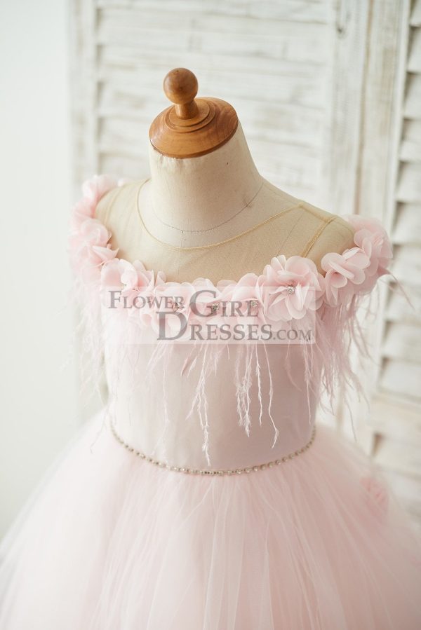 Off Shoulder Pink Tulle Feathers V Back Wedding Party Flower Girl Dress - Image 3