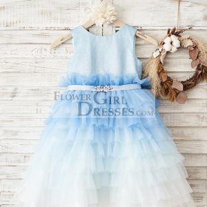 Princess Cupcake Ombre Blue Glittering Tulle Wedding Flower Girl Dress