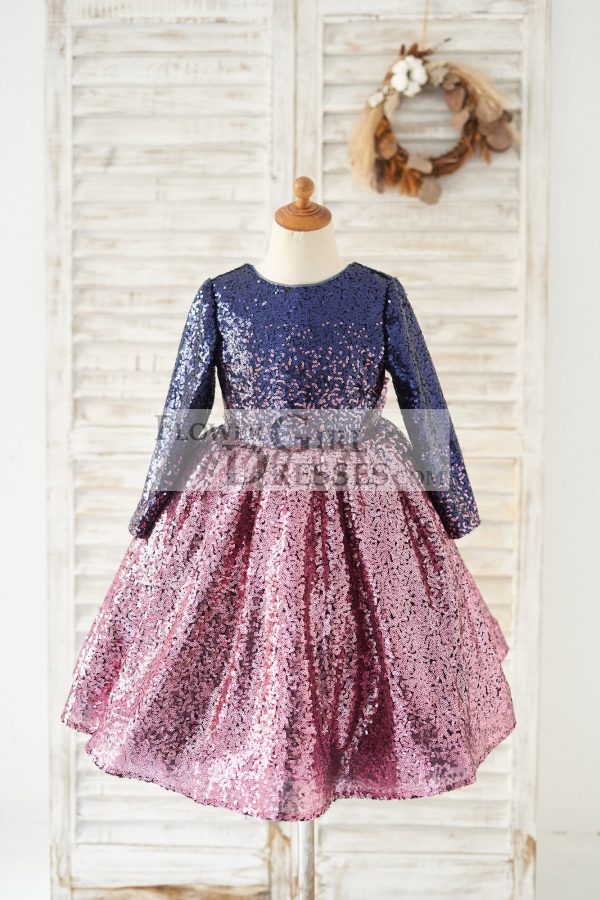 Ombre Navy+Pink Sequin V Back Wedding Flower Girl Dress, Bow - Image 2