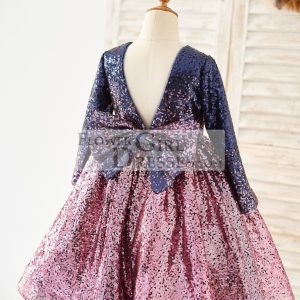 Ombre Navy+Pink Sequin V Back Wedding Flower Girl Dress, Bow