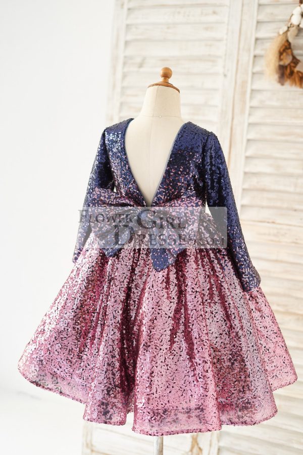 Ombre Navy+Pink Sequin V Back Wedding Flower Girl Dress, Bow