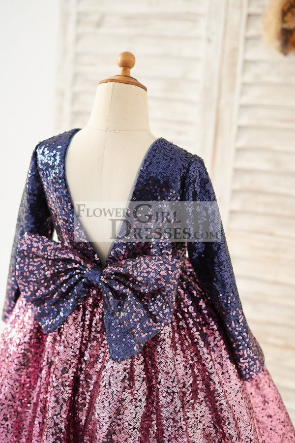 Ombre Navy+Pink Sequin V Back Wedding Flower Girl Dress, Bow - Image 4