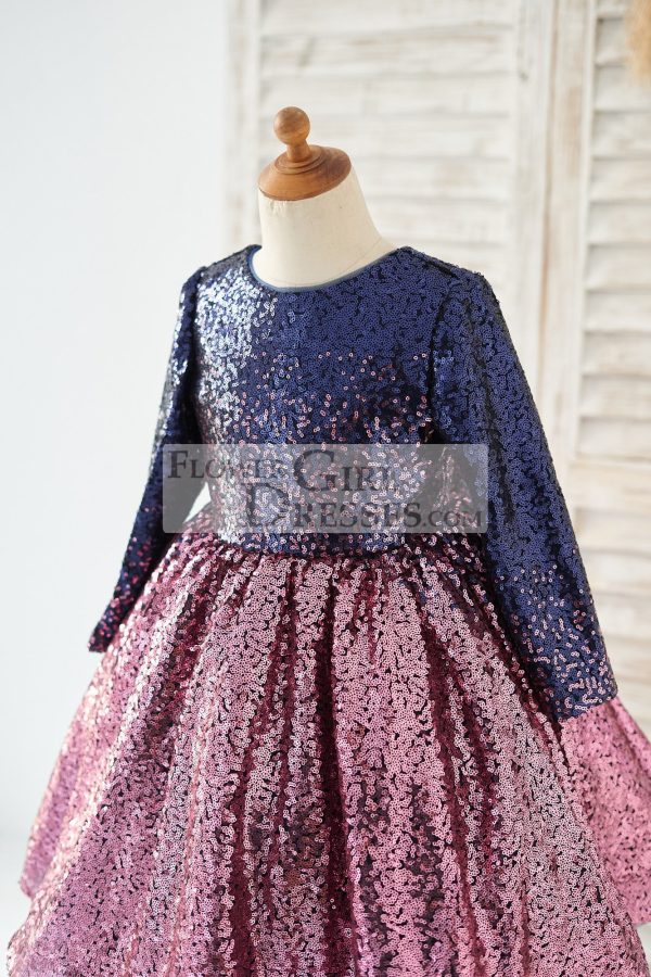 Ombre Navy+Pink Sequin V Back Wedding Flower Girl Dress, Bow - Image 3
